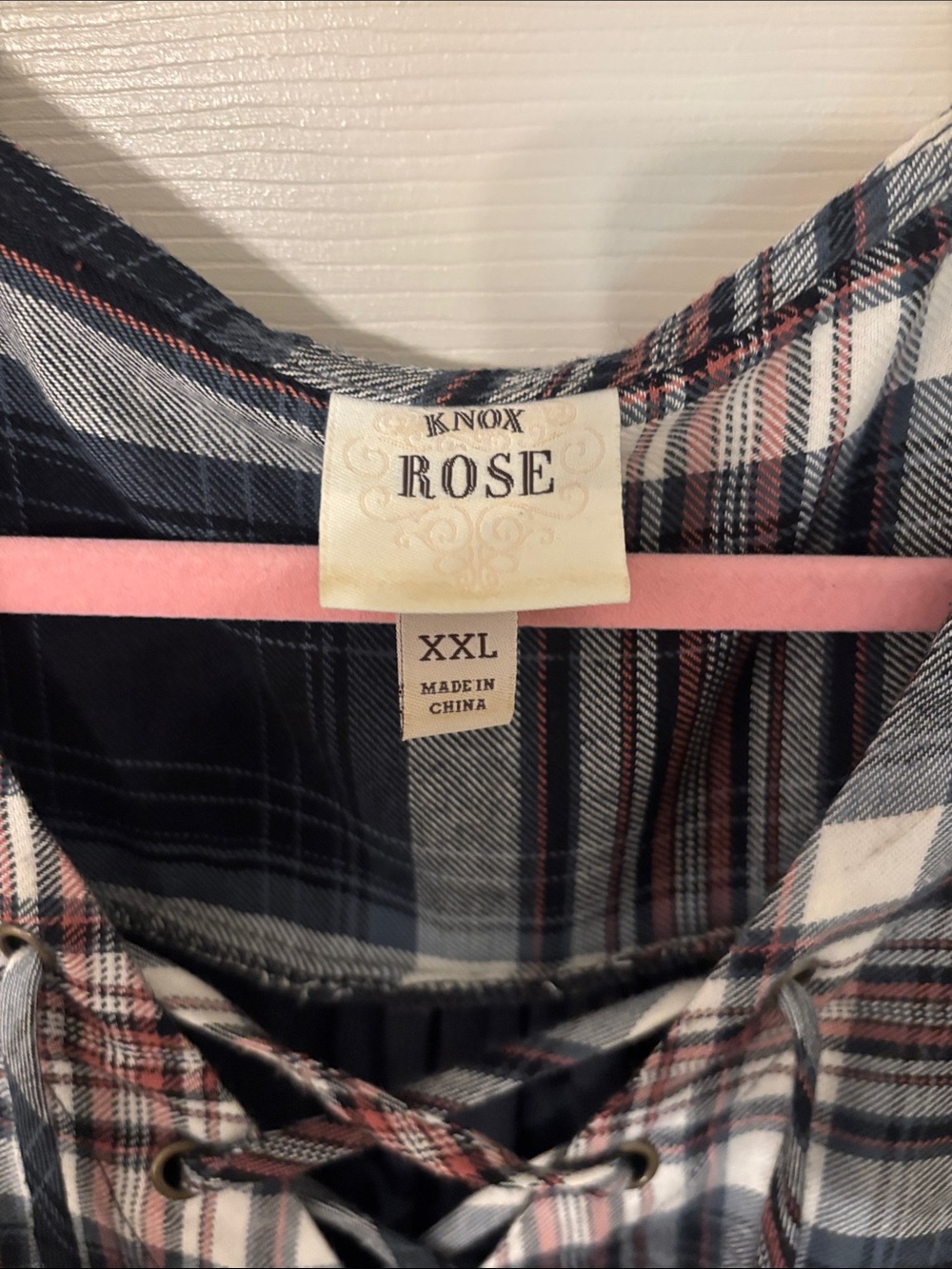 Knox Rose Navy, White & Burgundy Plaid Lace-Up Peasant Blouse - Picture 2 of 4